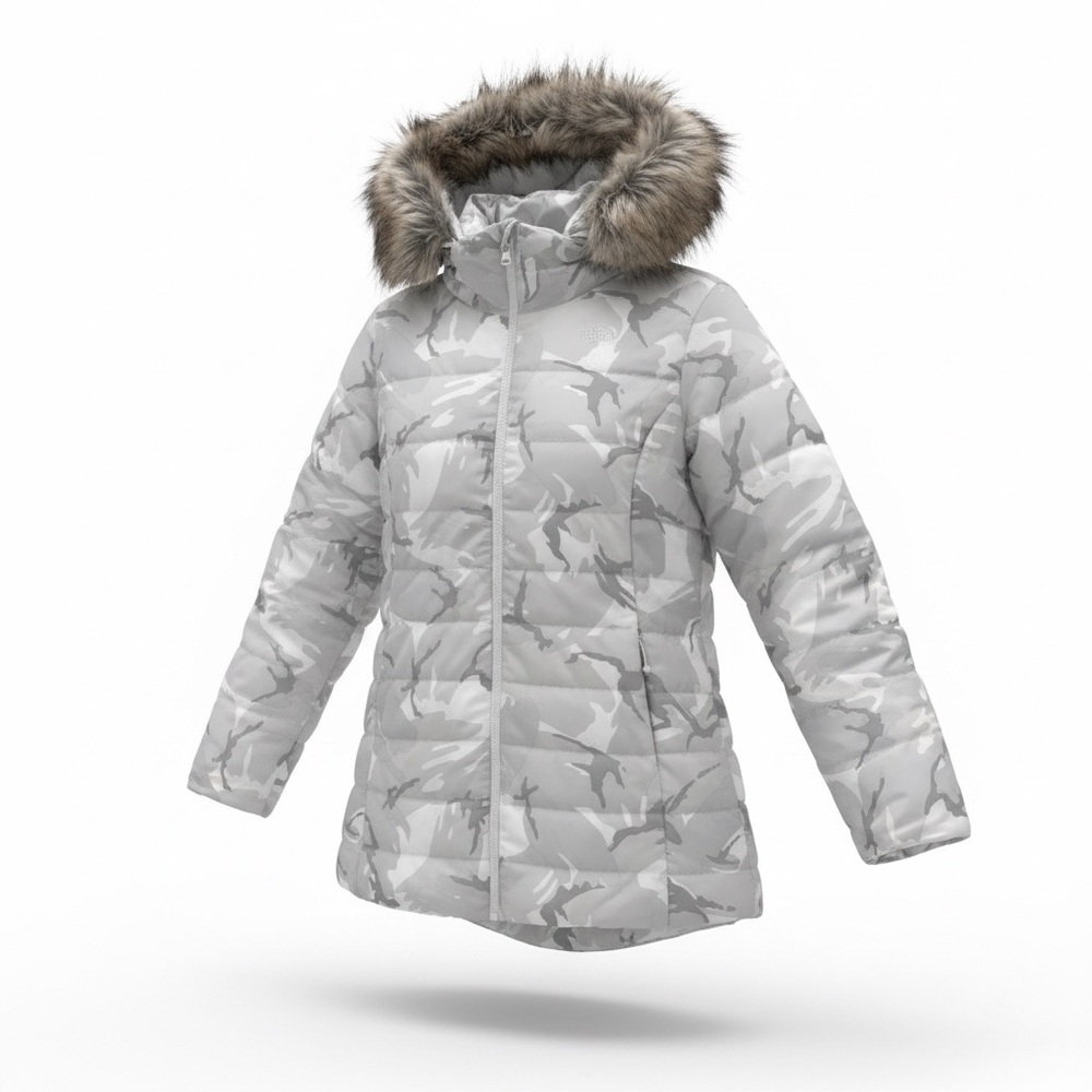 The North Face Women's White Camouflage Puffer Parka Jacket Faux Fur Size L
